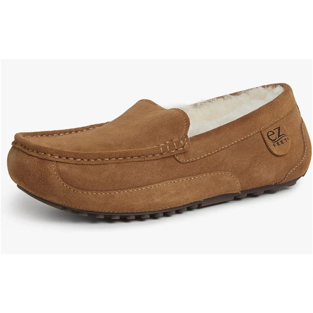 NEW EZ FEET CHESTNUT INDOOR OUTDOOR SHEARLING SLIP ON MOCCASIN SLIPPERS SHOES 10